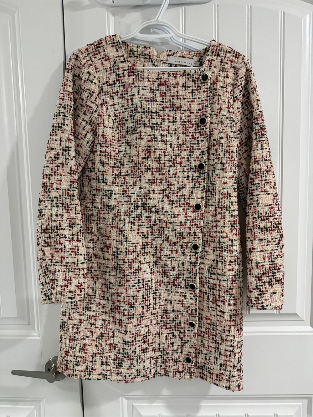 Adelyn Rae Cream Tweed Long Sleeve Shift Dress with Red and Black Accents